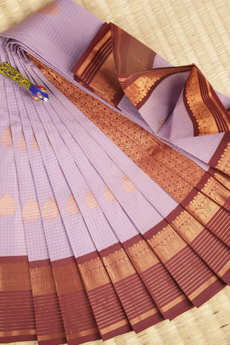 Lavender Purple Visiri Madippu Silk Sarees with Copper Zari Checks view 1