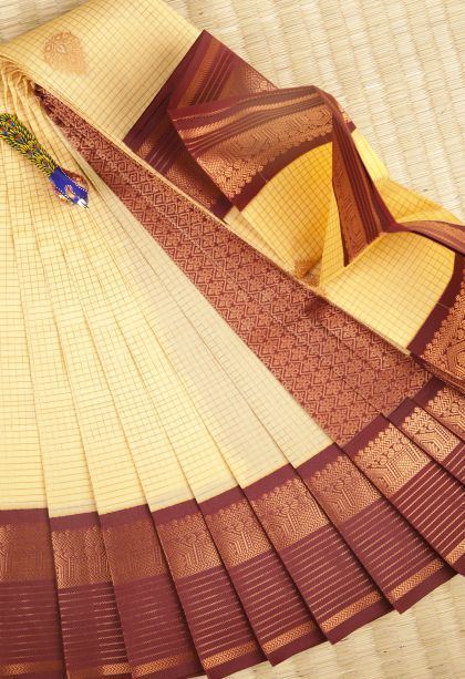 Alabaster White Visiri Madippu Silk Sarees with Copper Zari Checks