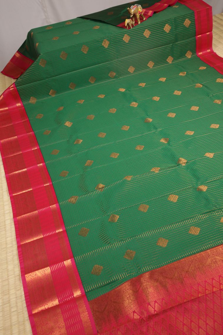 Basil Green Visiri Madippu Silk Sarees with Copper Zari Checks view 2