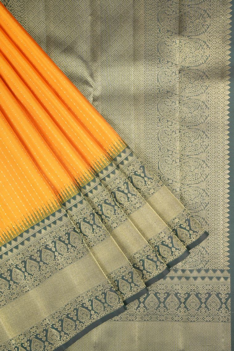Gold Kanchipuram Silk Sarees with Gold Zari Stripes view 1