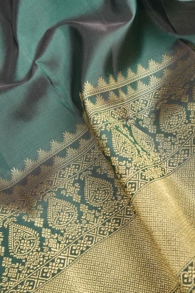 Gold Kanchipuram Silk Sarees with Gold Zari Stripes view 3