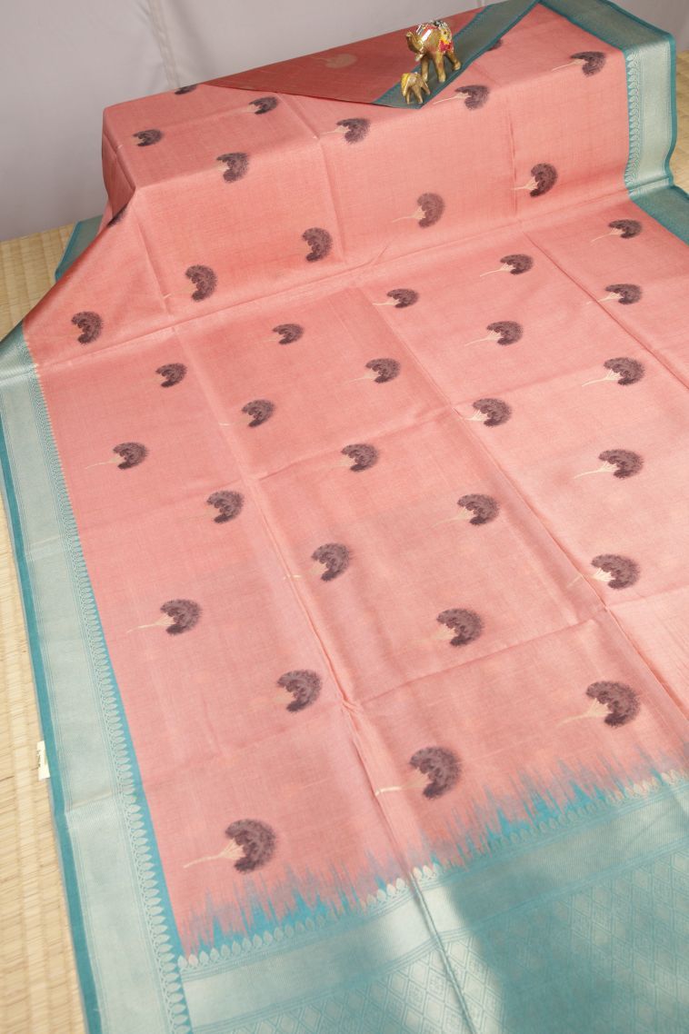 Peach Pink Tussar Saree with Without Zari Zari Buttis (small Dots Or Motifs) view 2