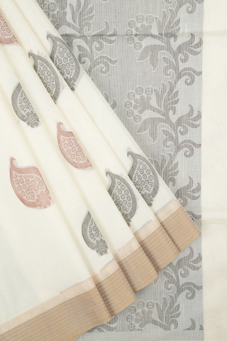 Porcelain White Kovai Cotton Sarees with Without Zari Zari Buttis (small Dots Or Motifs) view 1