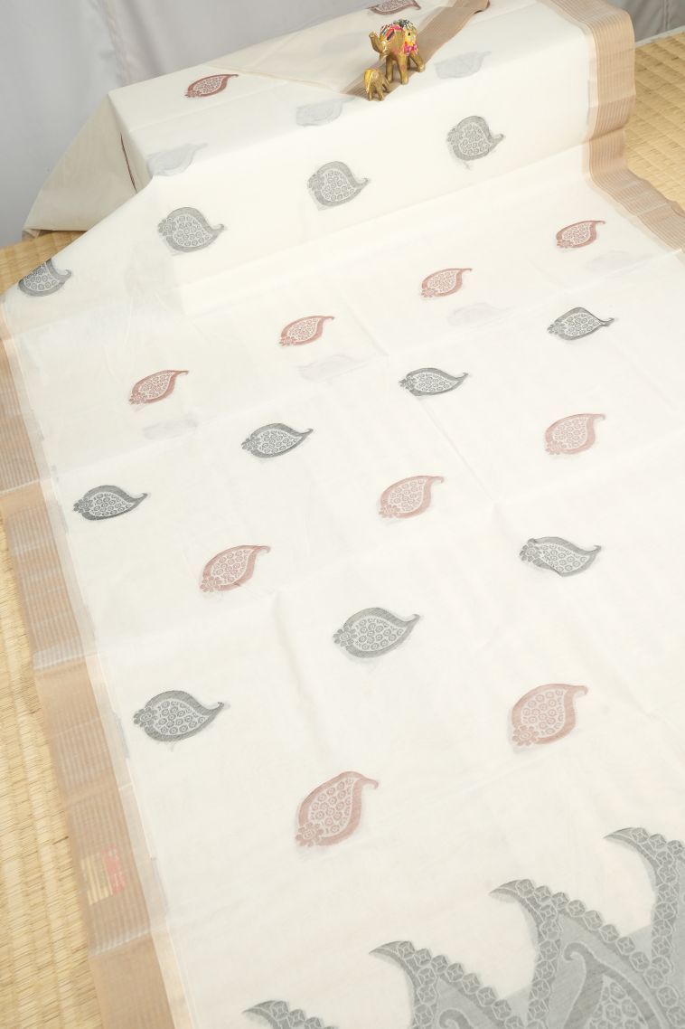 Porcelain White Kovai Cotton Sarees with Without Zari Zari Buttis (small Dots Or Motifs) view 2