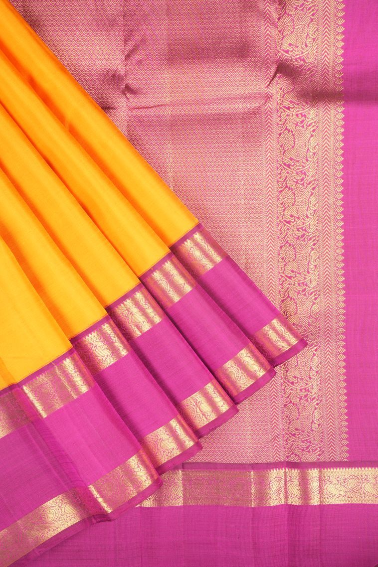 Lemon Yellow Kanchipuram Silk Sarees with Without Zari Zari Plain view 1