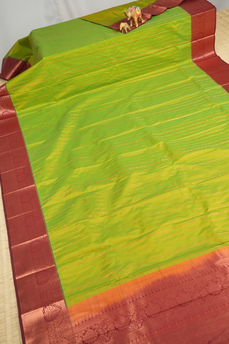 Lime Green Visiri Madippu Silk Sarees with Copper Zari Stripes view 2