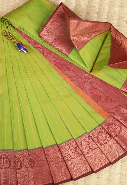 Lime Green Visiri Madippu Silk Sarees with Copper Zari Stripes