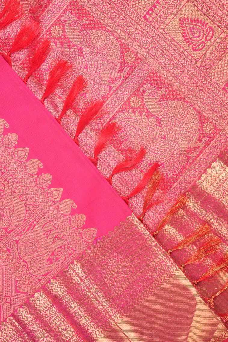 Rose  Red Kanchipuram Silk Sarees with Gold Zari Floral Patterns view 4