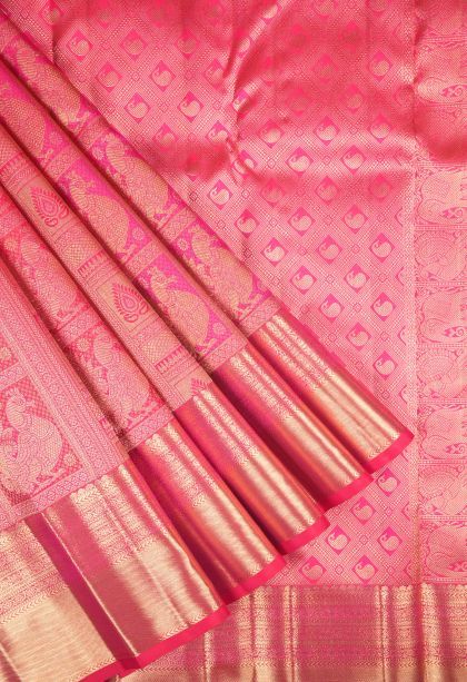 Rose  Red Kanchipuram Silk Sarees with Gold Zari Floral Patterns
