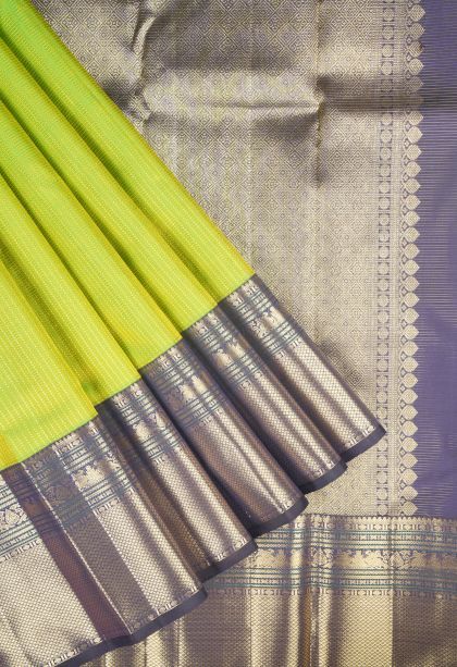 Chartreuse Green Kanchipuram Silk Sarees with Gold Zari Checks