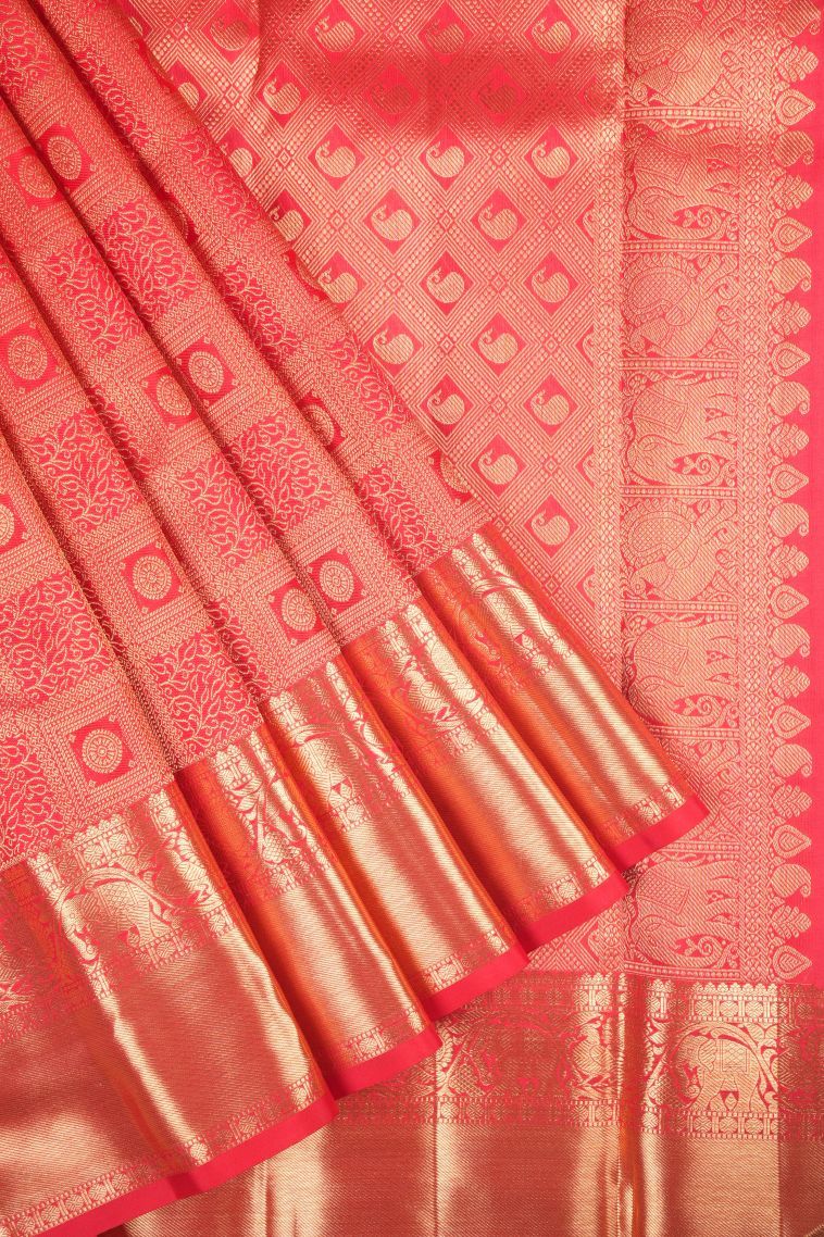 Candy Red Kanchipuram Silk Sarees with Gold Zari Floral Patterns view 1