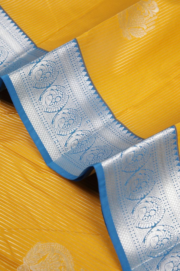 Lemon Yellow Visiri Madippu Silk Sarees with Silver Zari Stripes view 4