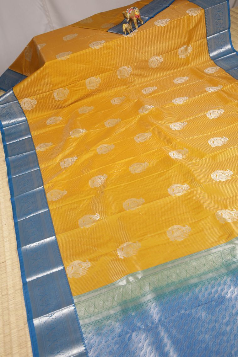 Lemon Yellow Visiri Madippu Silk Sarees with Silver Zari Stripes view 2