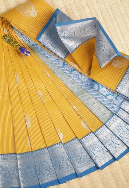 Lemon Yellow Visiri Madippu Silk Sarees with Silver Zari Stripes