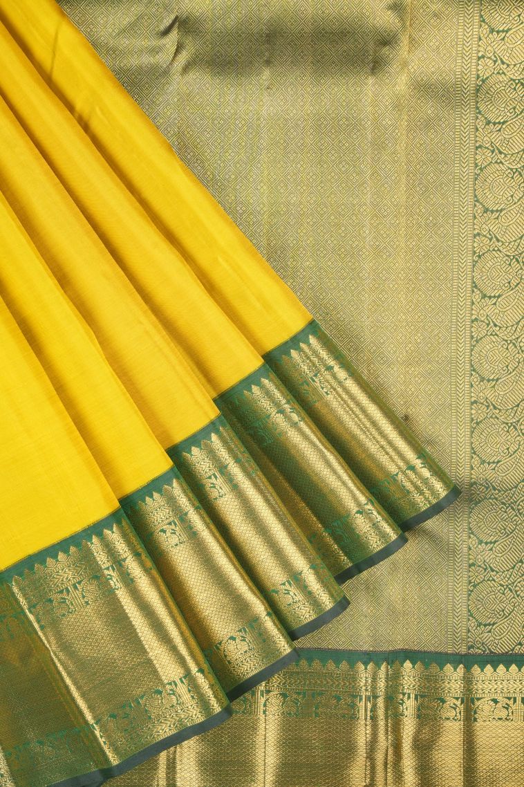 Lemon Yellow Kanchipuram Silk Sarees with Gold Zari Plain view 1
