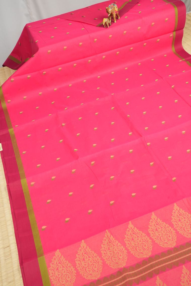 Punch Pink Kovai Cotton Sarees with Without Zari Zari Buttis (small Dots Or Motifs) view 2