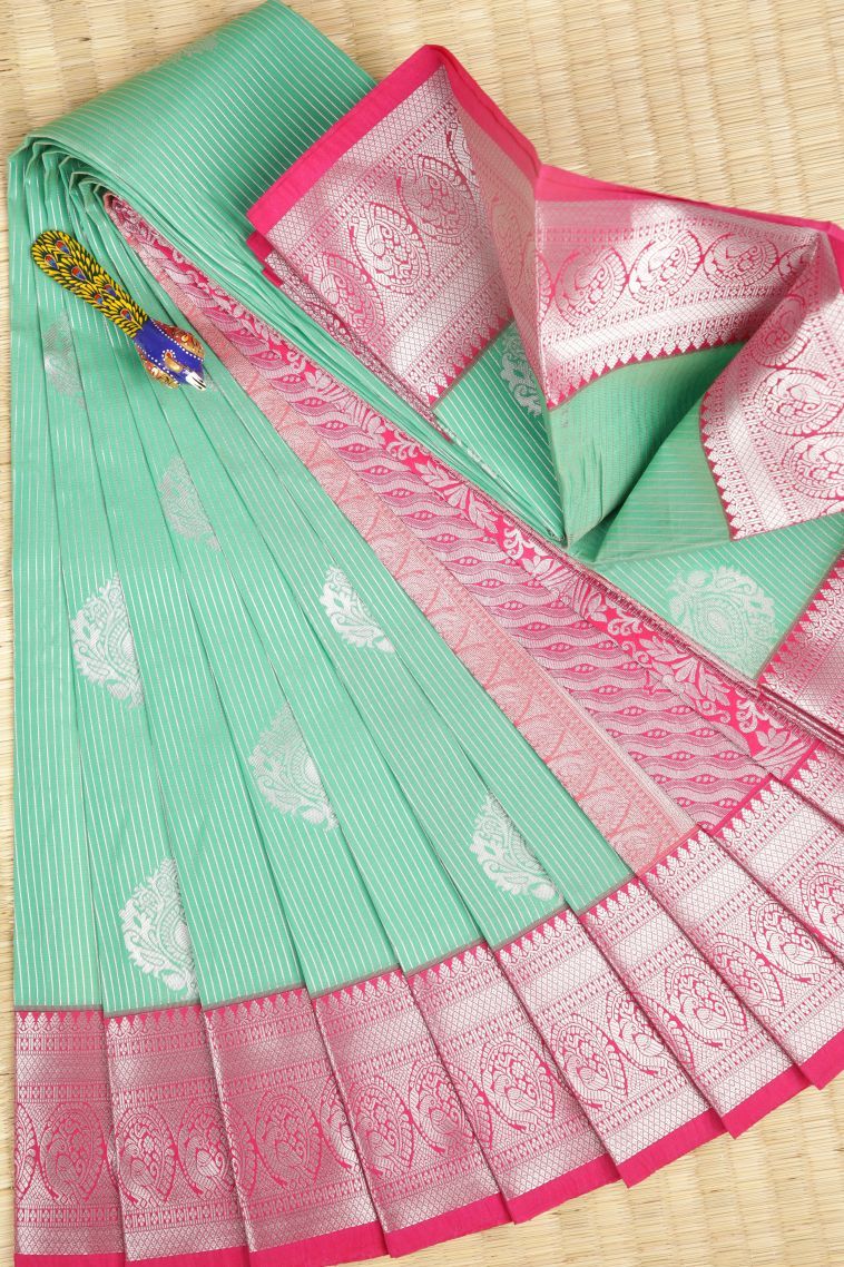 Admiral Blue Visiri Madippu Silk Sarees with Silver Zari Stripes view 1