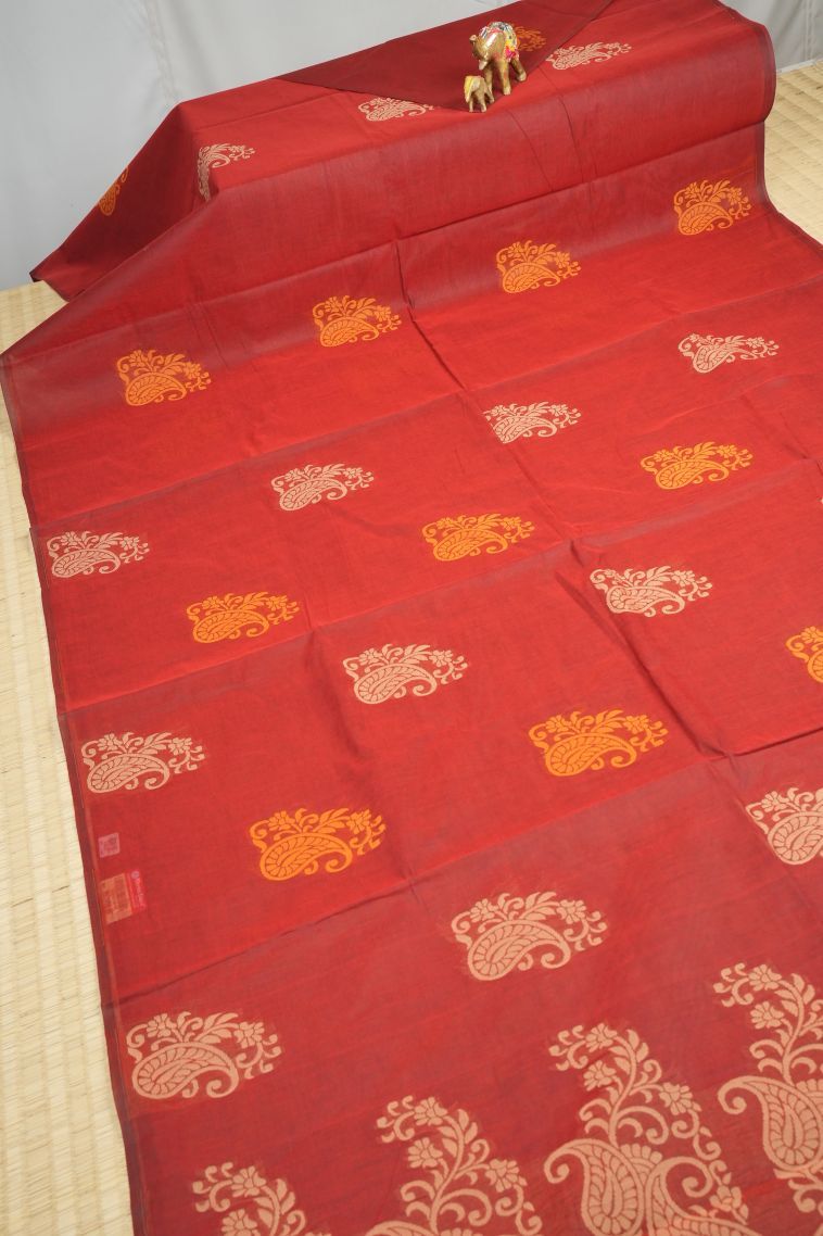 Blush Red Kovai Cotton Sarees with Without Zari Zari Buttis (small Dots Or Motifs) view 2