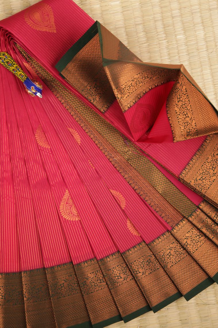 Hot Pink Visiri Madippu Silk Sarees with Copper Zari Stripes view 1