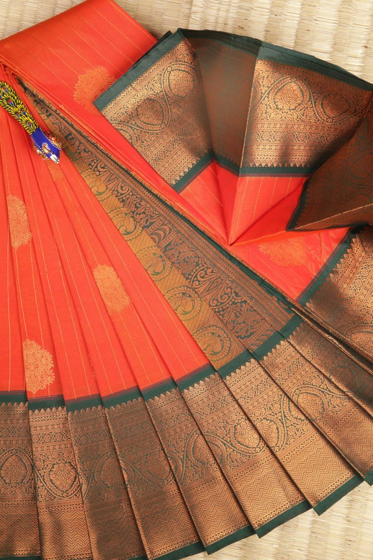 Strawberry Pink Visiri Madippu Silk Sarees with Copper Zari Stripes view 1