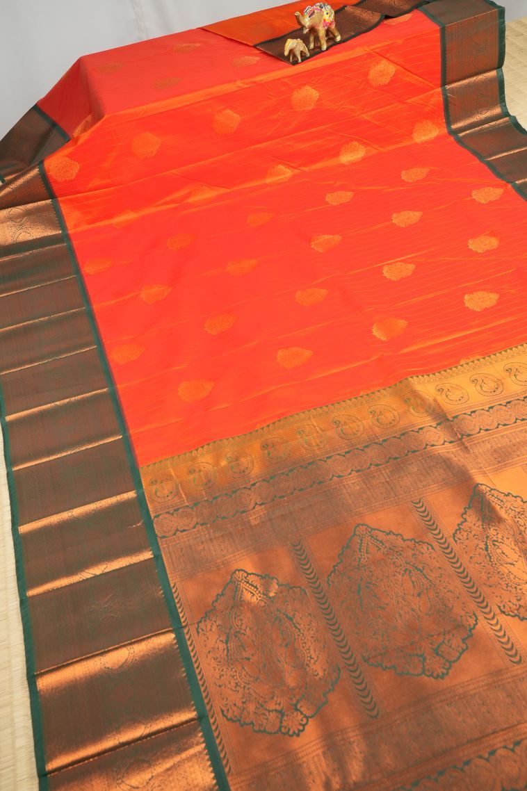 Strawberry Pink Visiri Madippu Silk Sarees with Copper Zari Stripes view 2