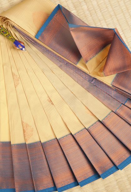 Cream White Visiri Madippu Silk Sarees with Copper Zari Stripes