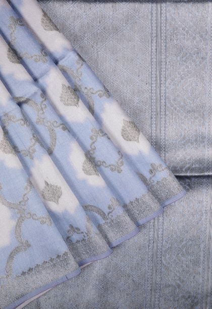 Daffane Blue Tussar Saree with Bronze Zari Floral Patterns