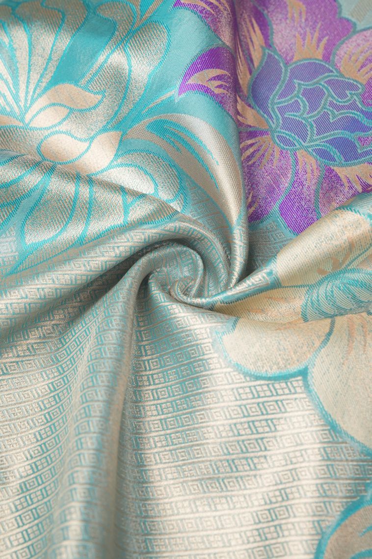Arctic Blue Tissue Silk Sarees with Copper Zari Floral Patterns view 4