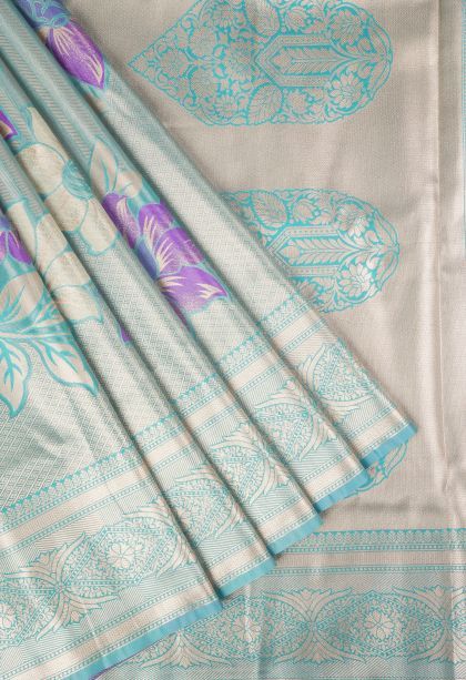 Arctic Blue Tissue Silk Sarees with Copper Zari Floral Patterns