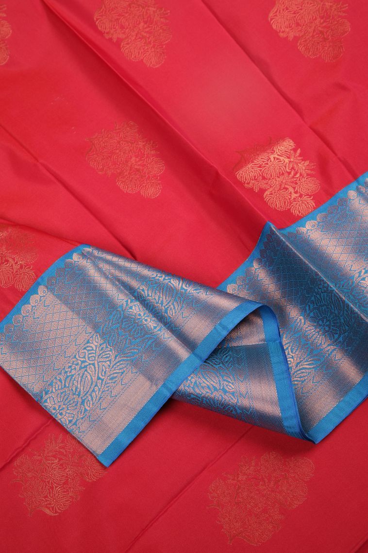 Strawberry Pink Visiri Madippu Silk Sarees with Copper Zari Buttis (small Dots Or Motifs) view 4