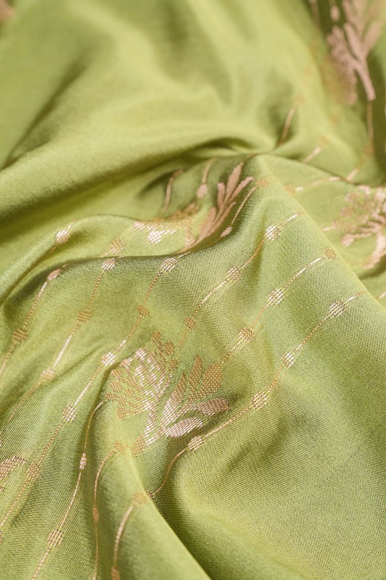 Olive Green Soft Silk Saree with Copper Zari Stripes view 4
