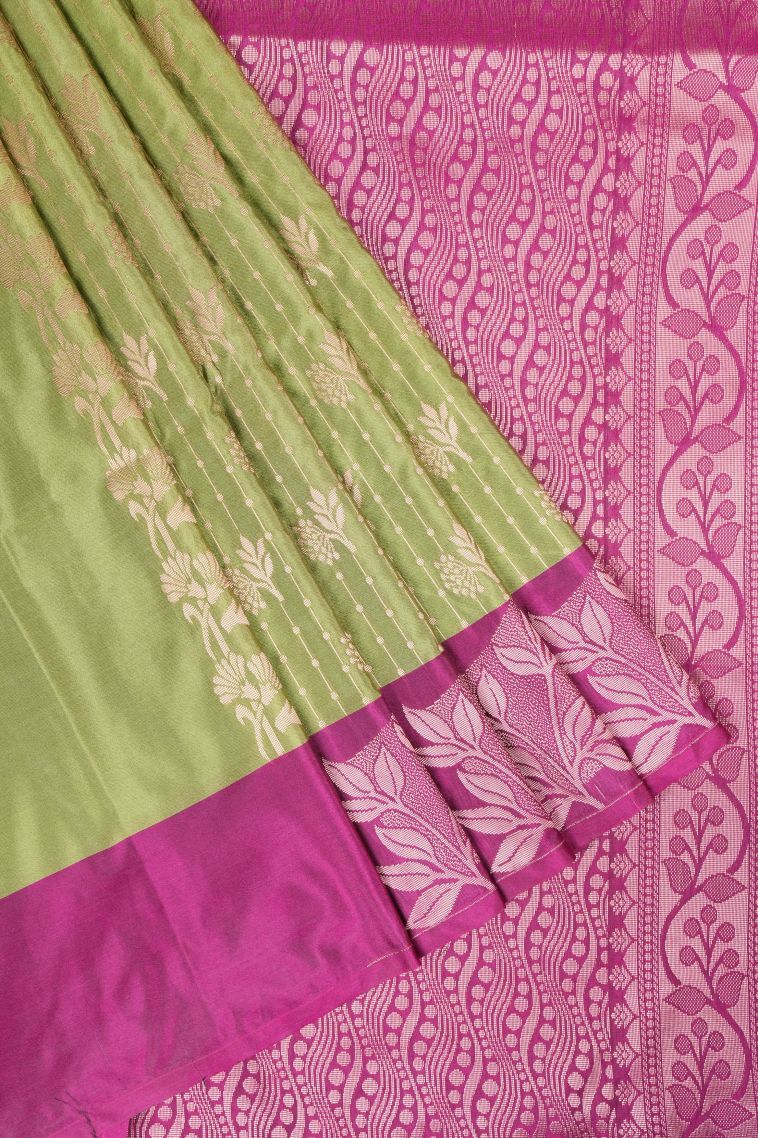 Olive Green Soft Silk Saree with Copper Zari Stripes view 1