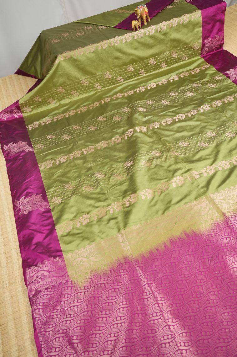 Olive Green Soft Silk Saree with Copper Zari Stripes view 2
