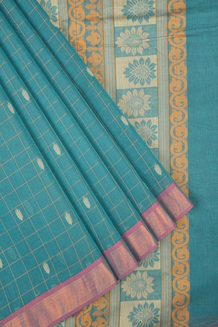 Ocean Blue Kovai Cotton Sarees with Without Zari Zari Checks view 1