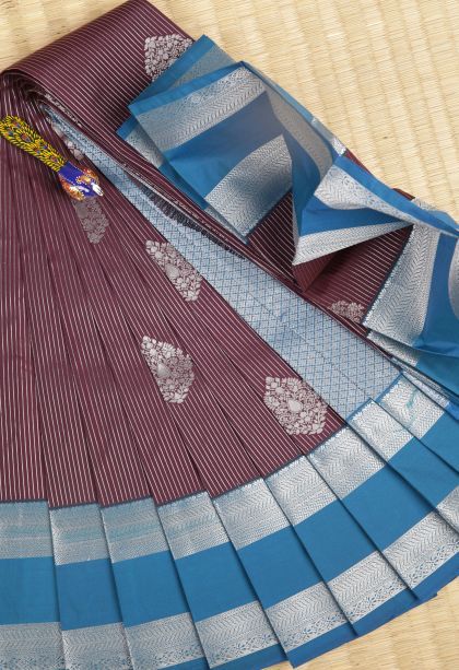 Mulberry Purple Visiri Madippu Silk Sarees with Silver Zari Stripes