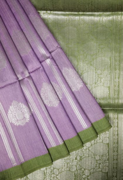Lavender Purple Tussar Saree with Silver Zari Stripes