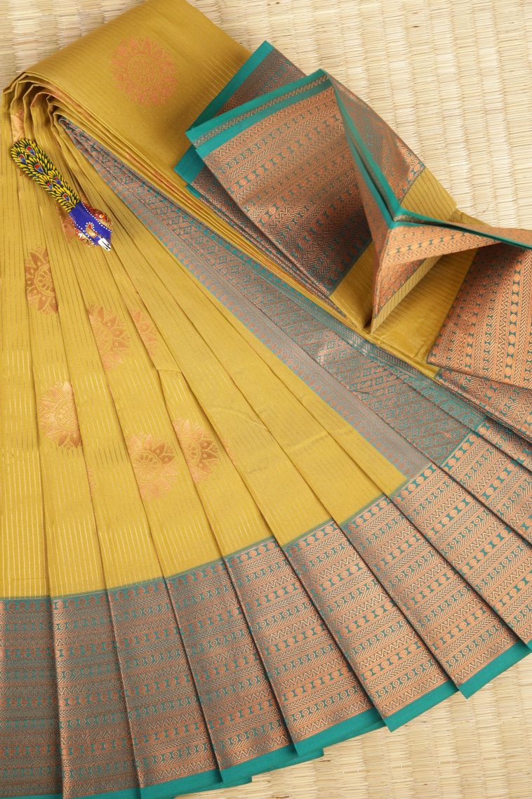 Gold Visiri Madippu Silk Sarees with Copper Zari Stripes view 1