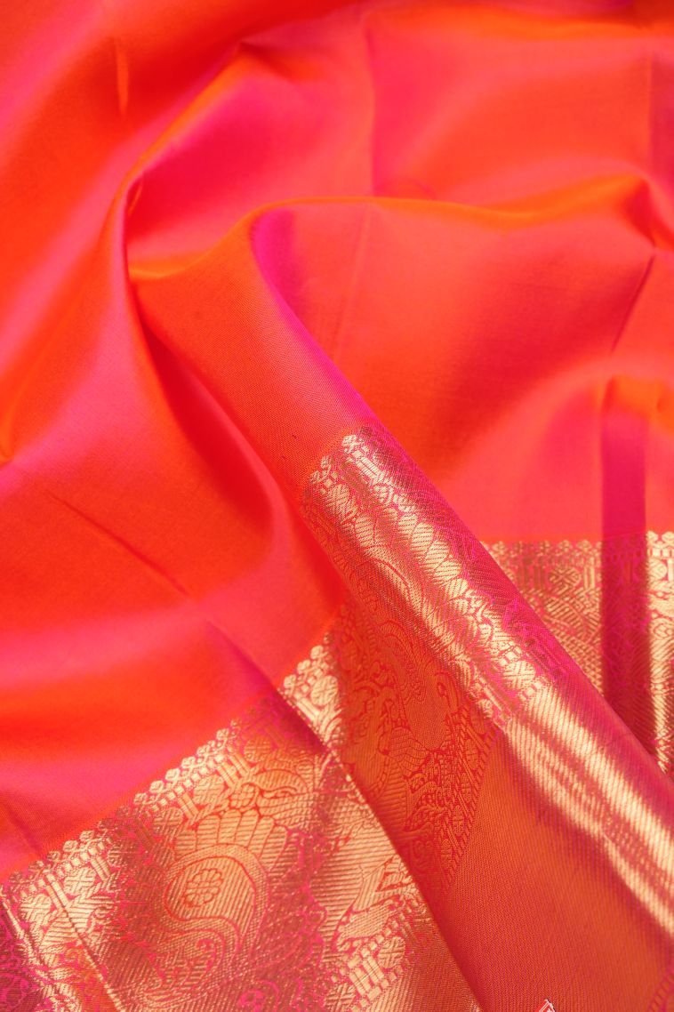 Strawberry Pink Kanchipuram Silk Sarees with Gold Zari Floral Patterns view 3