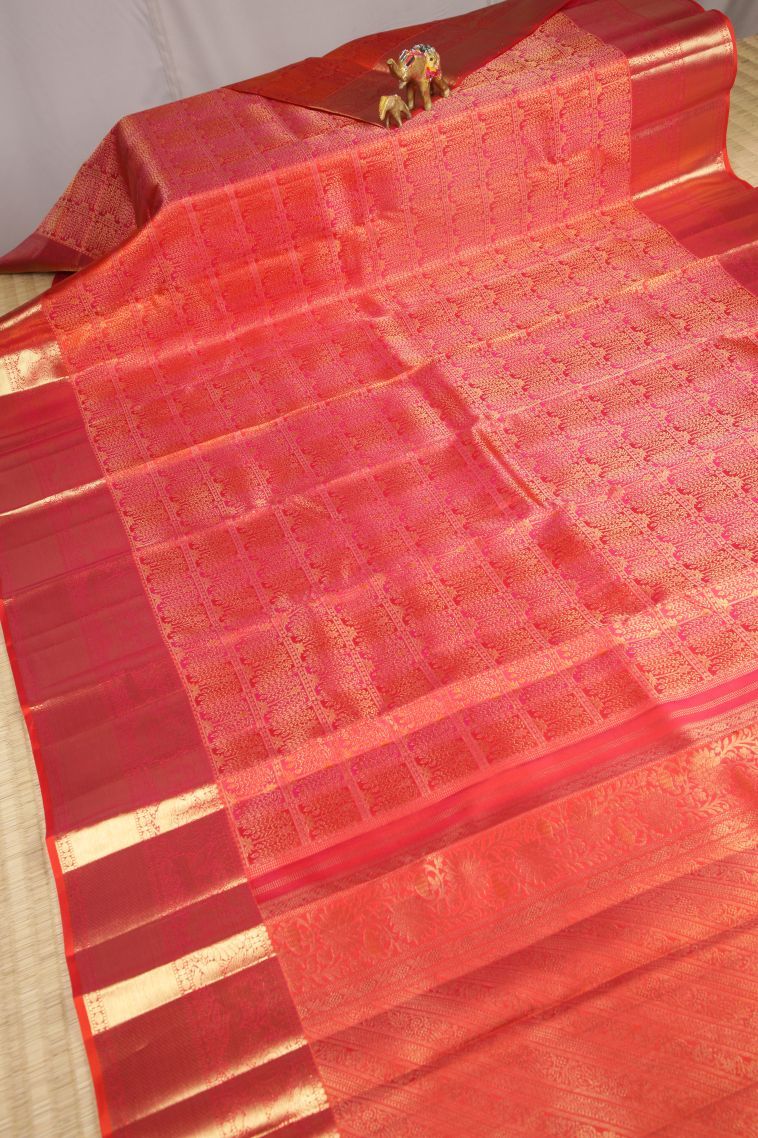 Strawberry Pink Kanchipuram Silk Sarees with Gold Zari Floral Patterns view 2