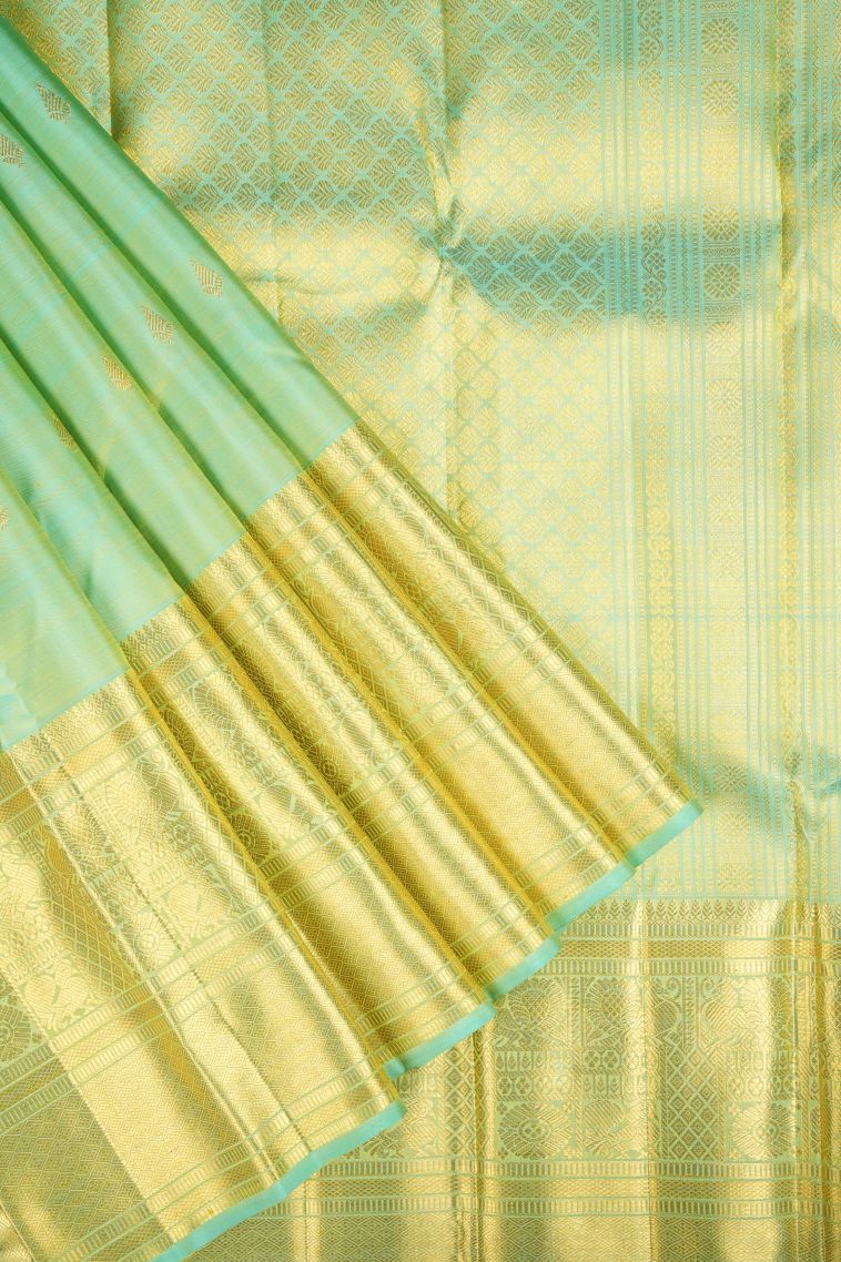Mint Green Kanchipuram Silk Sarees with Gold Zari Buttis (small Dots Or Motifs) view 1
