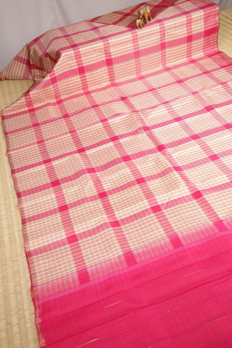 Bubblegum Pink Kanchipuram Silk Sarees with Without Zari Zari Checks view 2