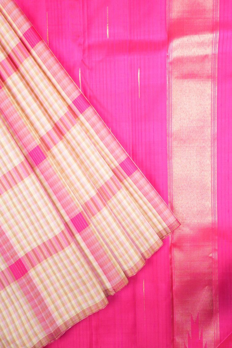 Bubblegum Pink Kanchipuram Silk Sarees with Without Zari Zari Checks view 1