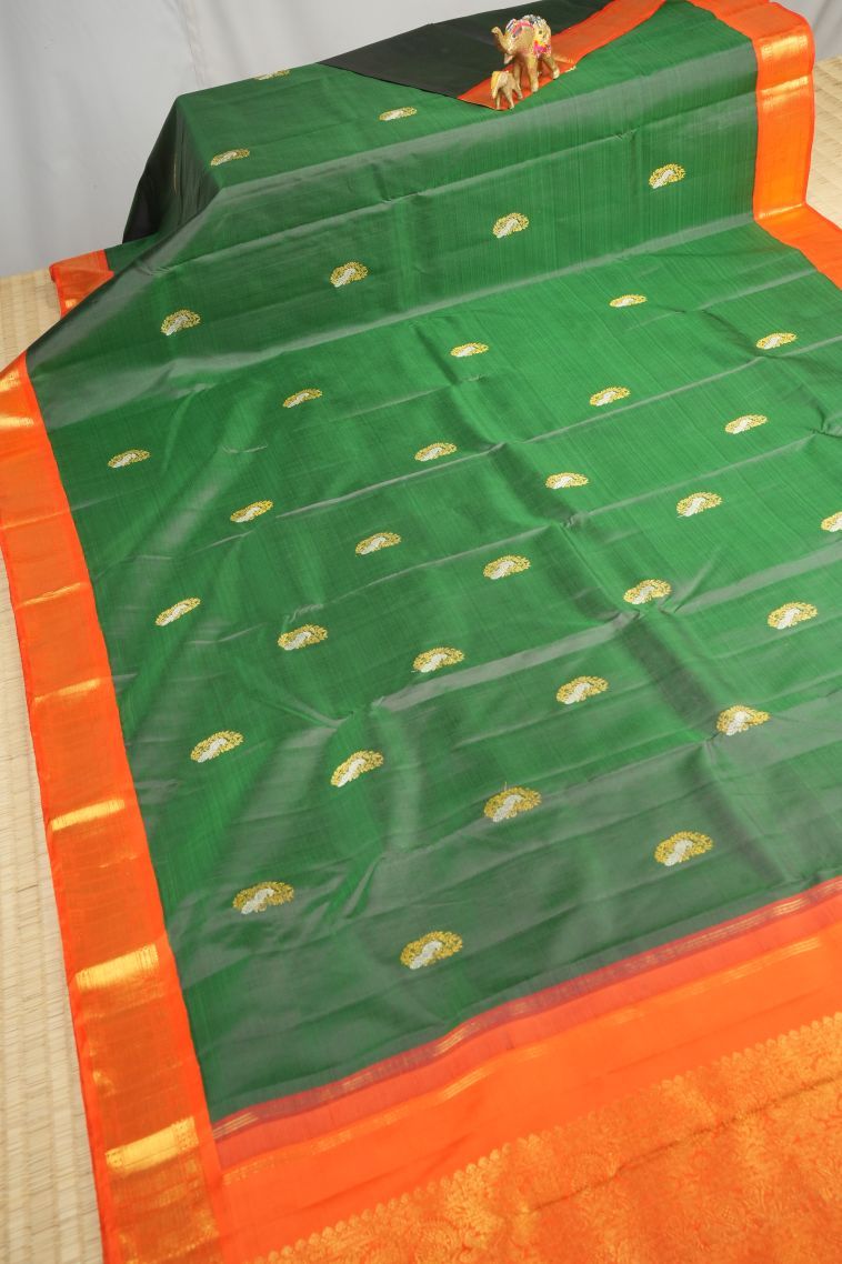 Basil Green Kanchipuram Silk Sarees with Gold Zari Buttis (small Dots Or Motifs) view 2