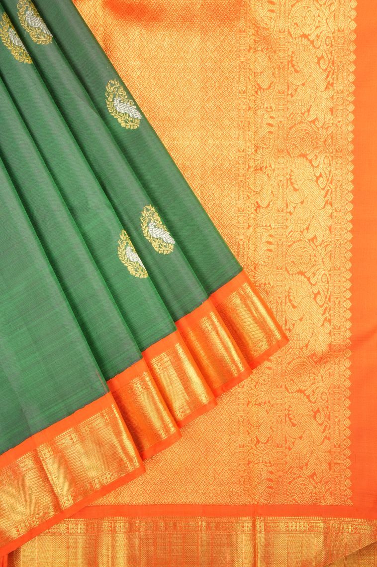 Basil Green Kanchipuram Silk Sarees with Gold Zari Buttis (small Dots Or Motifs) view 1