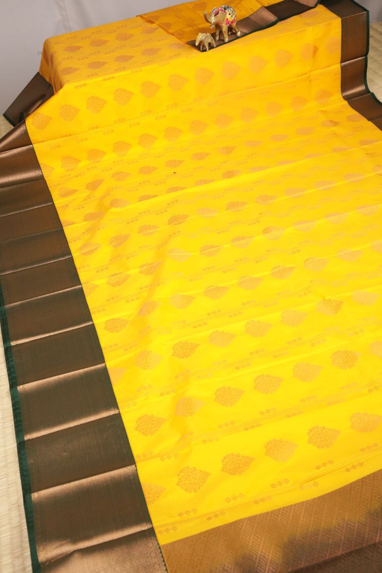 Lemon Yellow Visiri Madippu Silk Sarees with Copper Zari Stripes view 2