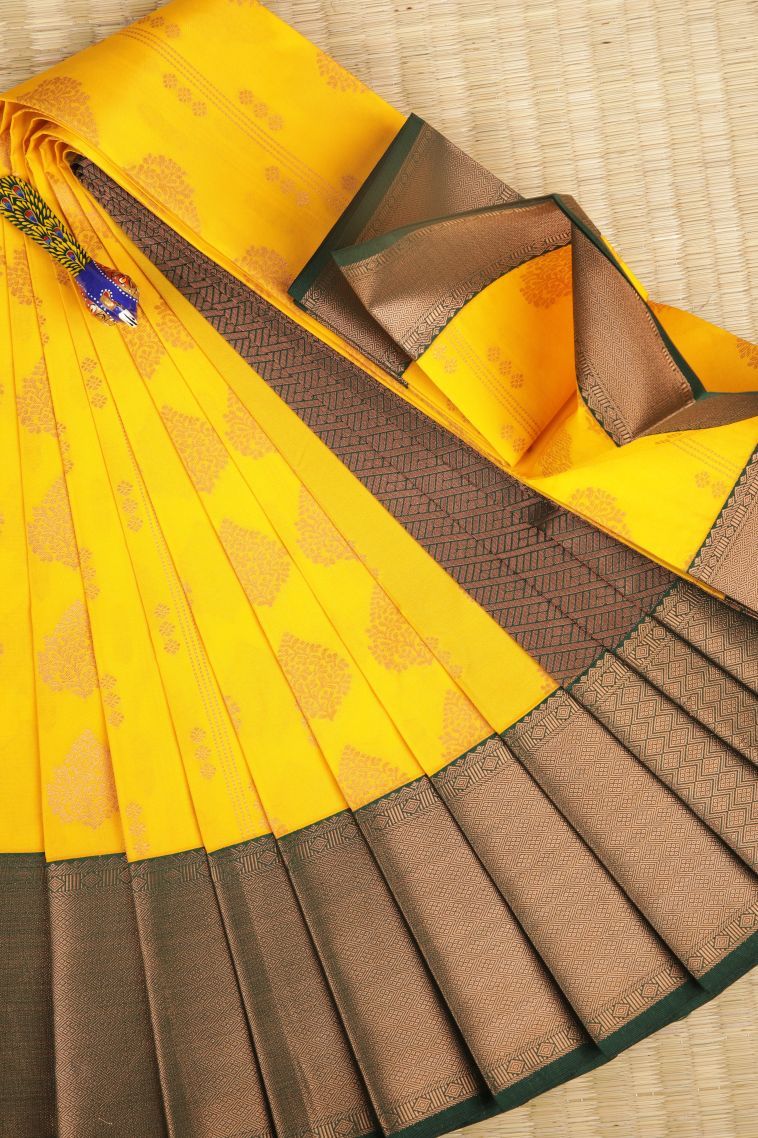 Lemon Yellow Visiri Madippu Silk Sarees with Copper Zari Stripes view 1