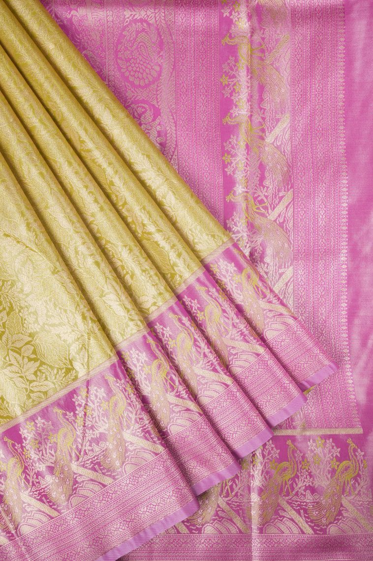 Granola Yellow Tissue Silk Sarees with Copper Zari Floral Patterns view 1