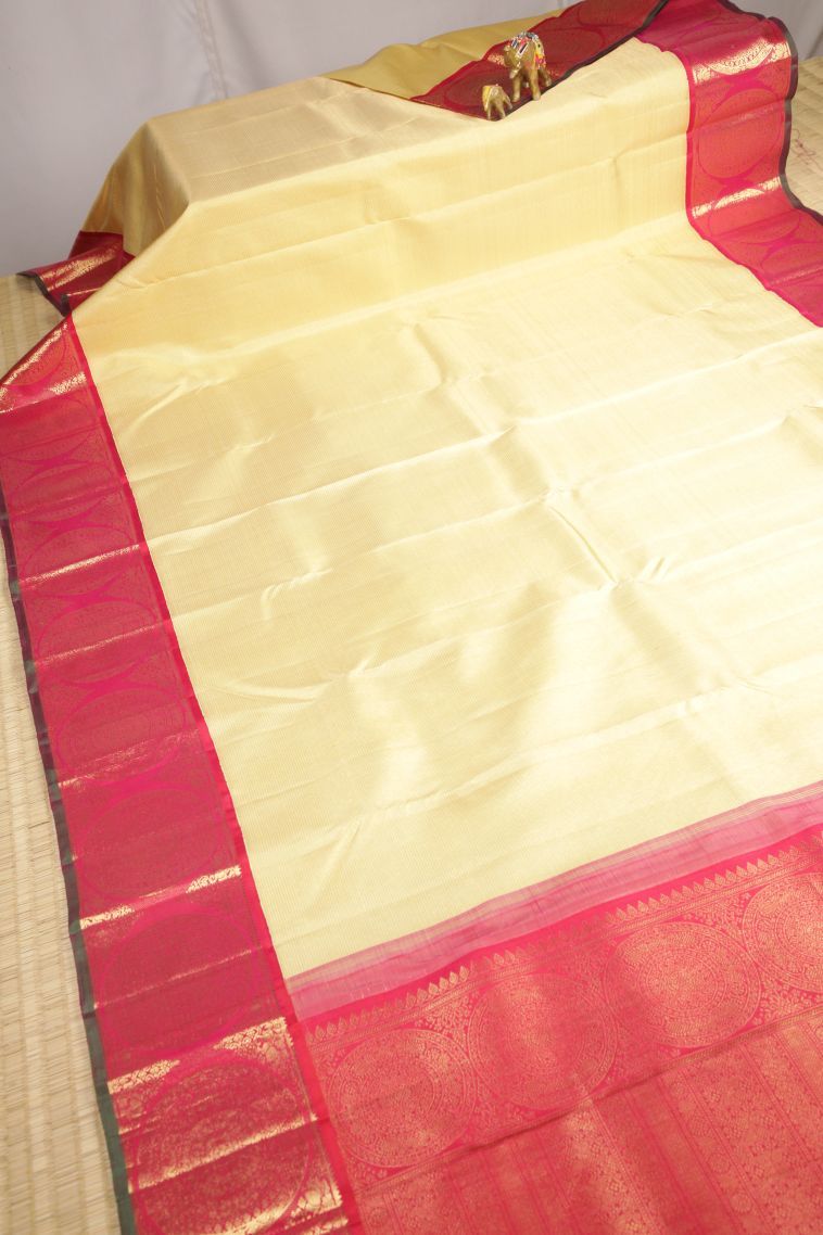 Alabaster White Kanchipuram Silk Sarees with Gold Zari Stripes view 2