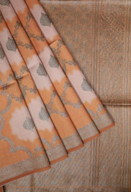 Apricot Orange Tussar Saree with Bronze Zari Floral Patterns