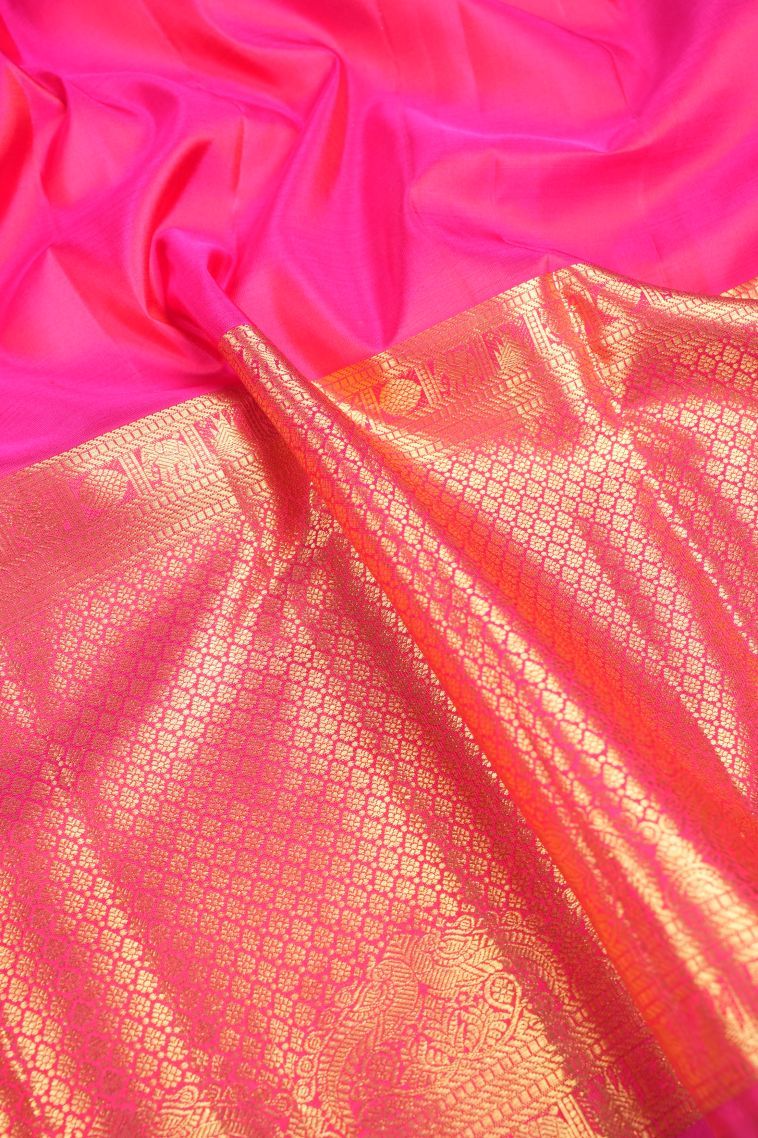 Fuscia Pink Kanchipuram Silk Sarees with Gold Zari Peacock Motifs view 3